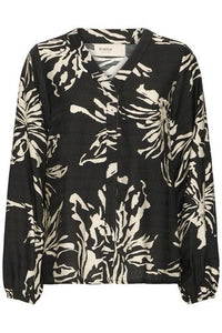 FRANSA Arianna Floral V-Neck Blouse - Black Print