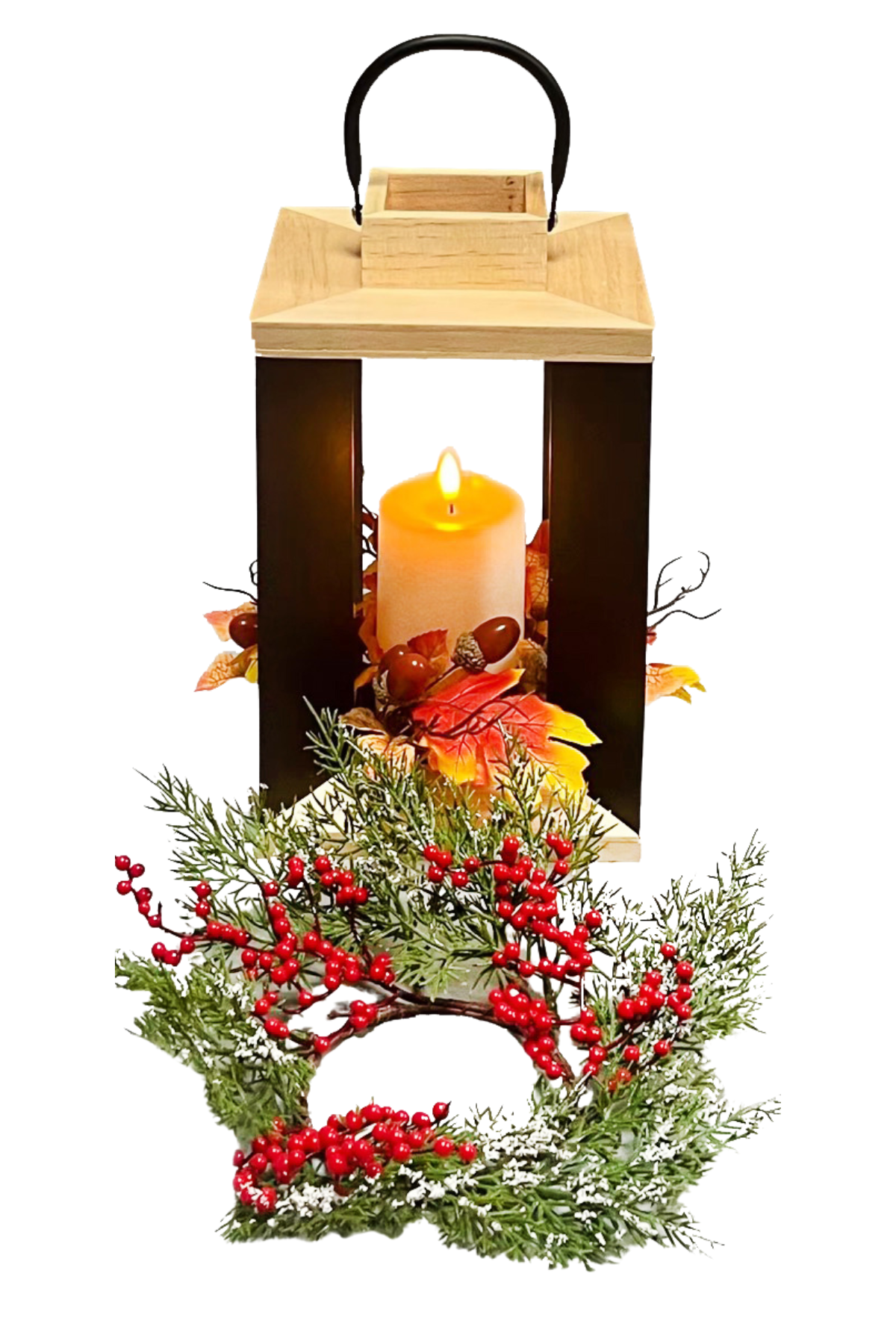 WGP Wood & Metal LED Lantern with Changeable Autumn/Christmas Decor 29.5cm