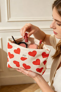 COPE CLOTHING Heart Print Velvet Makeup Bag - Red