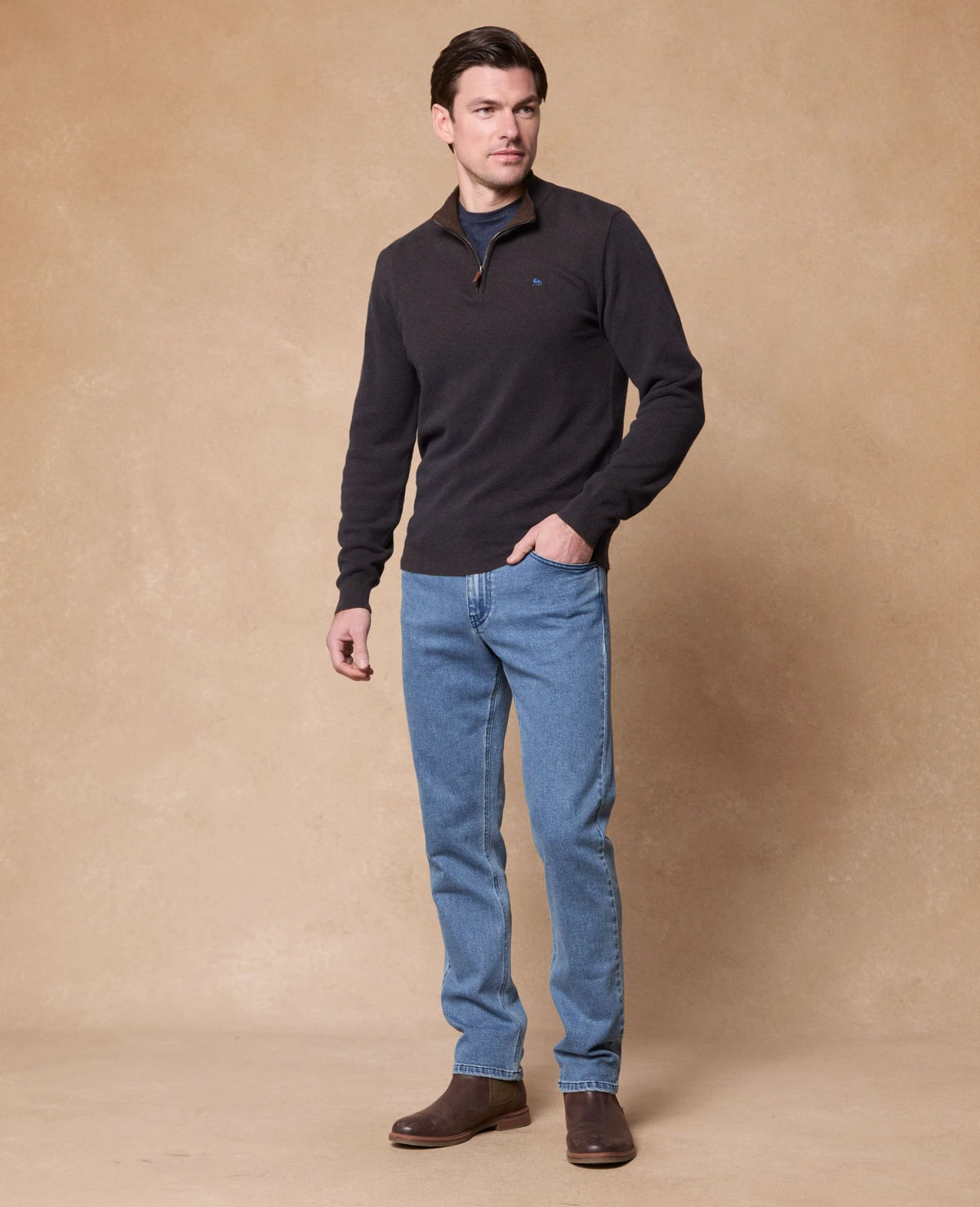 MAGEE Cian Cotton Micro 1/4 Zip Jumper - Brown