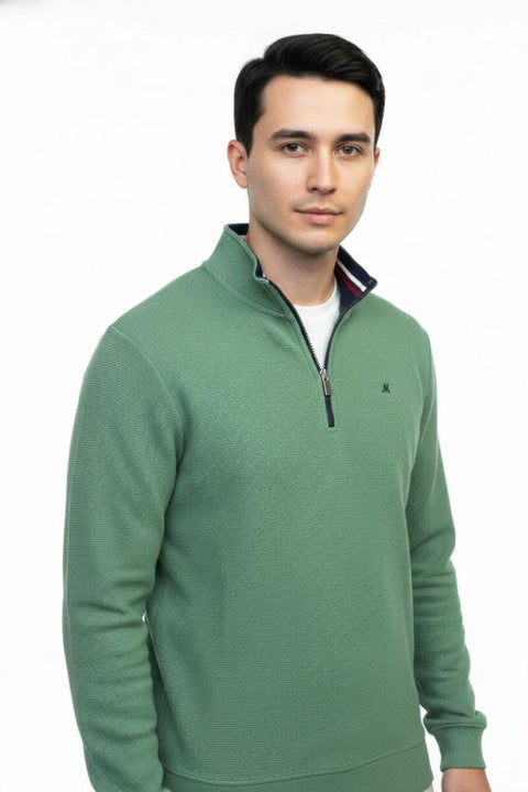 MINERAL Brendan Waffle Knit 1/4 Zip Sweater - Green