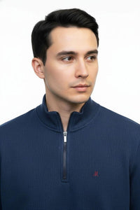 MINERAL Brendan Waffle Knit 1/4 Zip Sweater - Denim