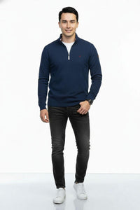 MINERAL Brendan Waffle Knit 1/4 Zip Sweater - Denim