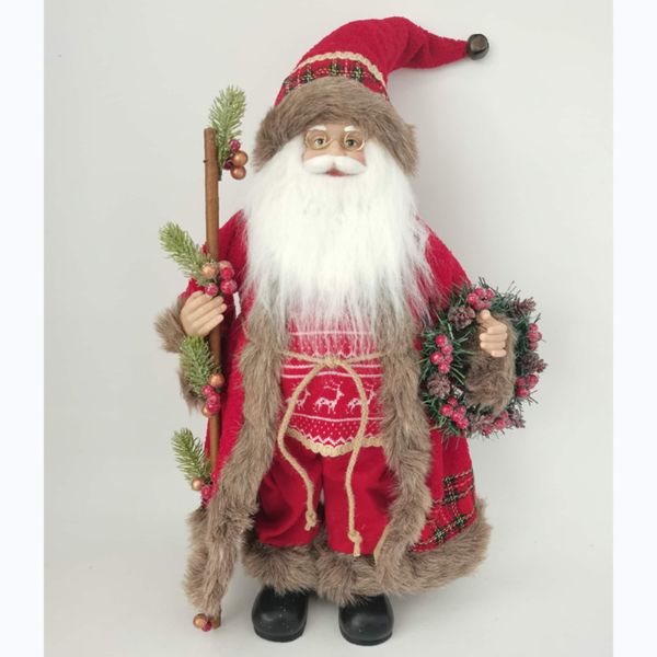 ENCHANTE Traditional Nordic Standing Santa with Wreath & Staff 80cm - Red