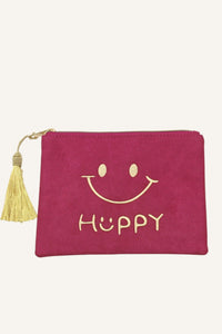 COPE CLOTHING Smiley Face Embroidered Velvet Zip Pouch - Pink