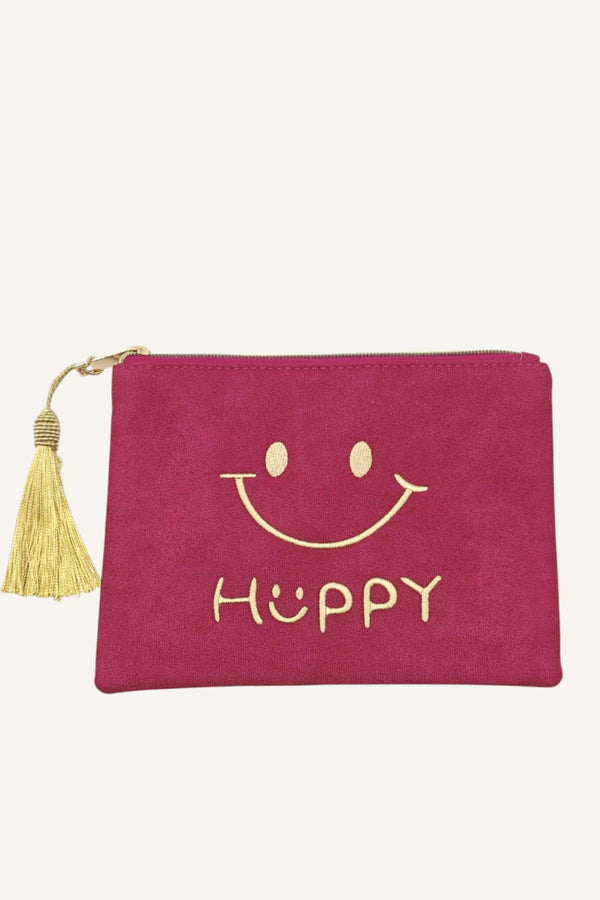 COPE CLOTHING Smiley Face Embroidered Velvet Zip Pouch - Pink