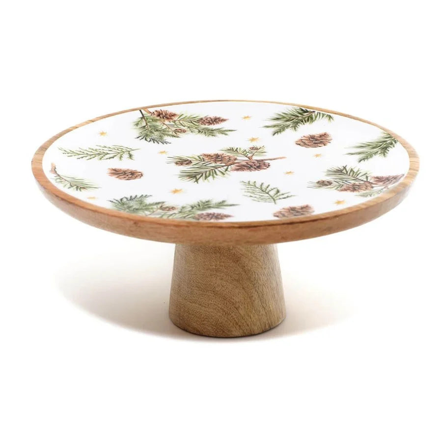 LANGS Evergreen Fir & Pinecone Mango Wood Cake Stand 30cm