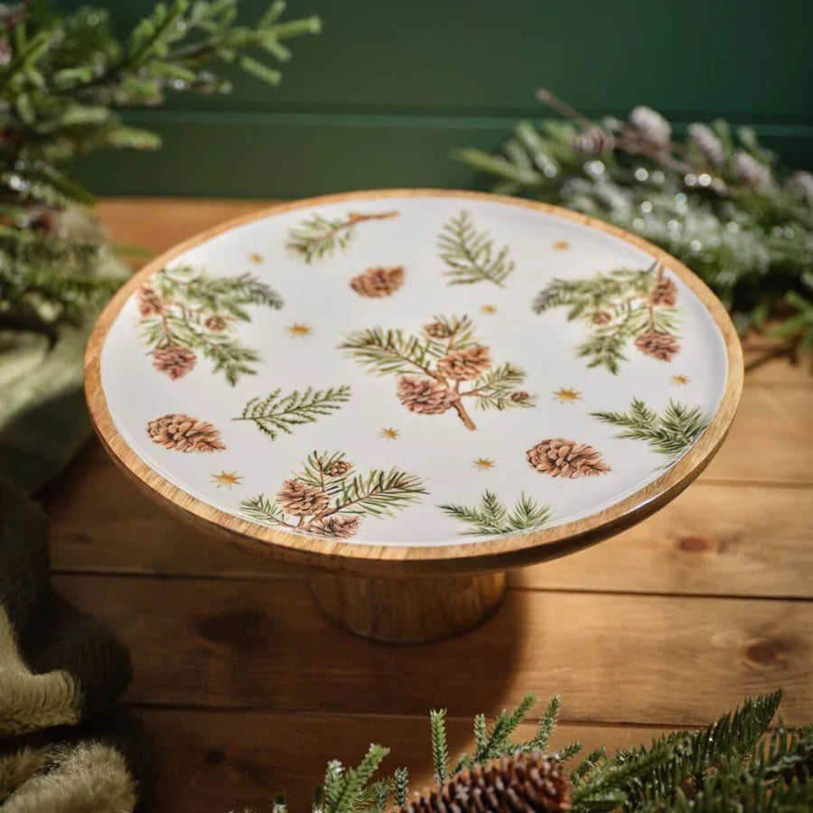 LANGS Evergreen Fir & Pinecone Mango Wood Cake Stand 30cm