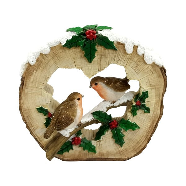 STRAITS Robins In Tree Stump Ornament 14cm