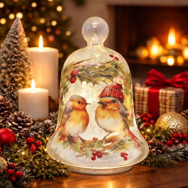 WGP Large Light-Up Christmas Bell with Robin Design 21cm