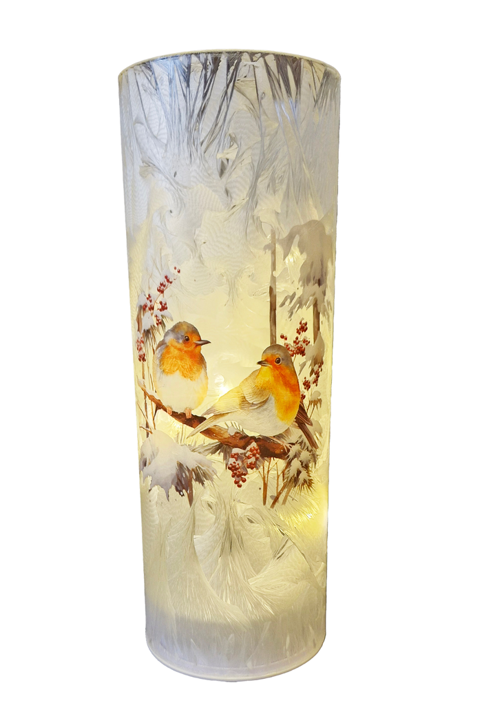 WGP Tall LED Frosted Glass Lantern with Robins 25cm