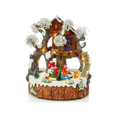 Lit Tree House Christmas Scene Animated Decoration 23cm