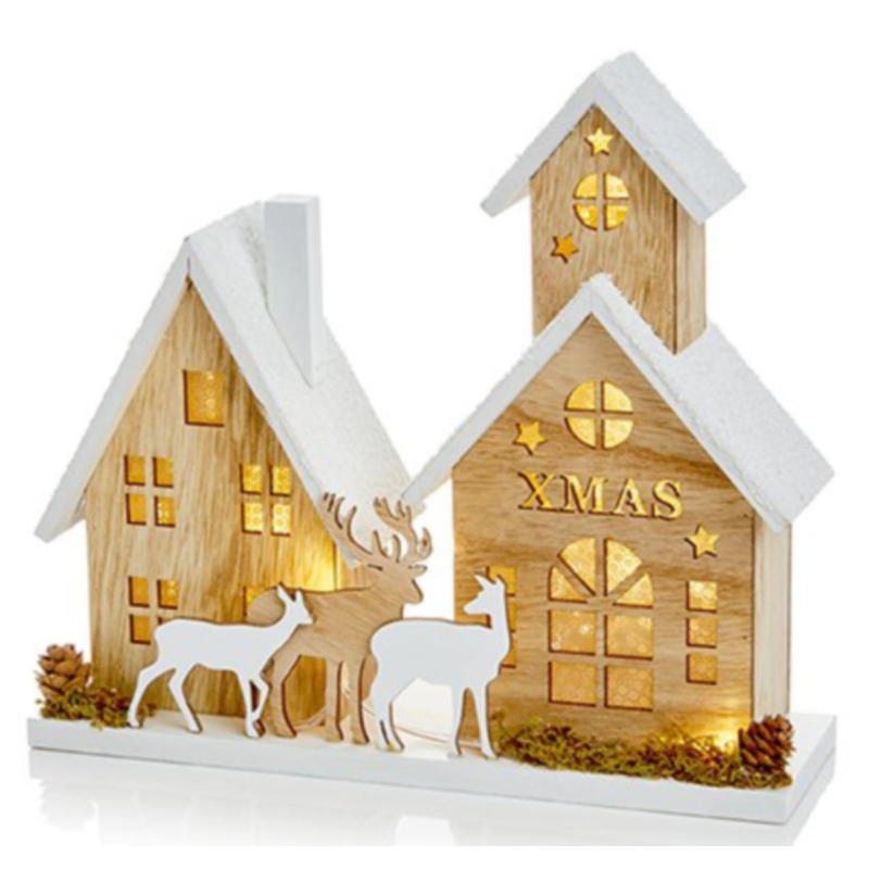LED Wooden Christmas House Scene 23x20cm