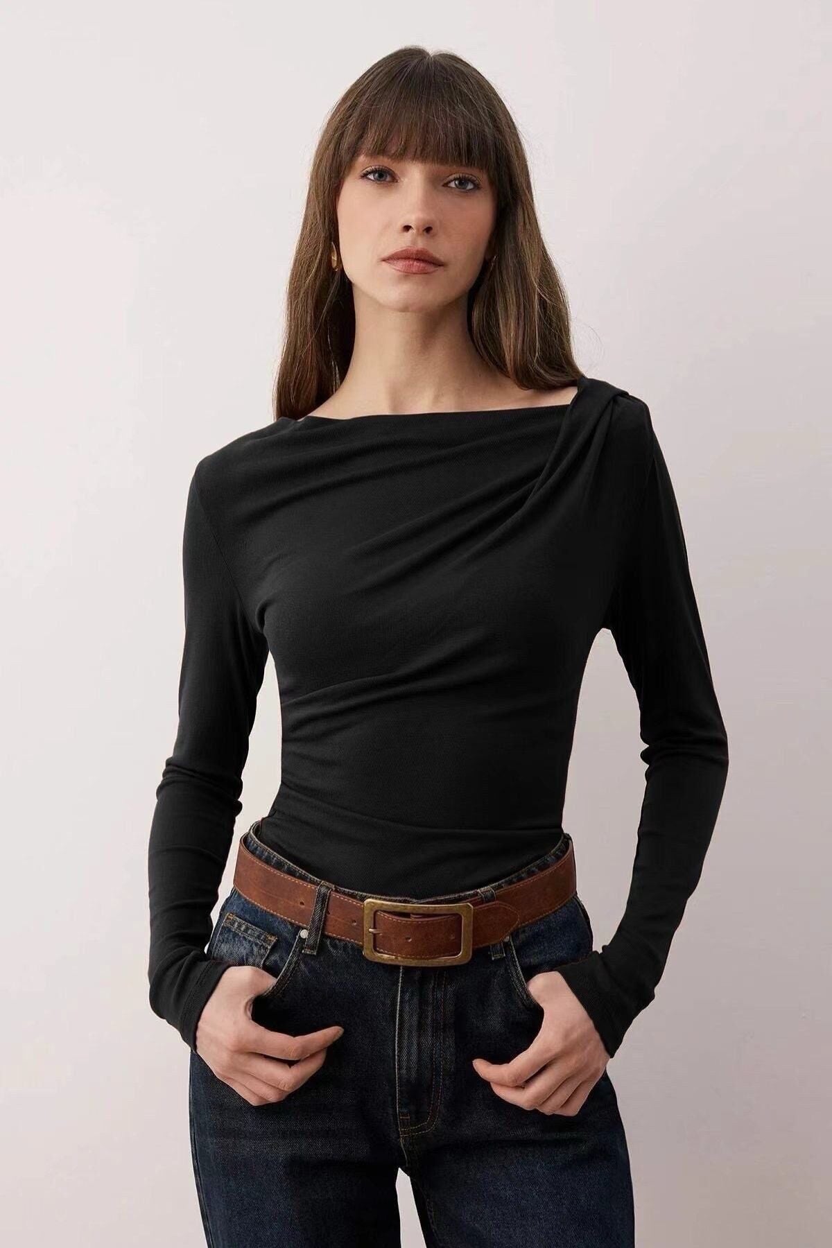 COPE CLOTHING Draped Boat Neck Long Sleeve Top - Black