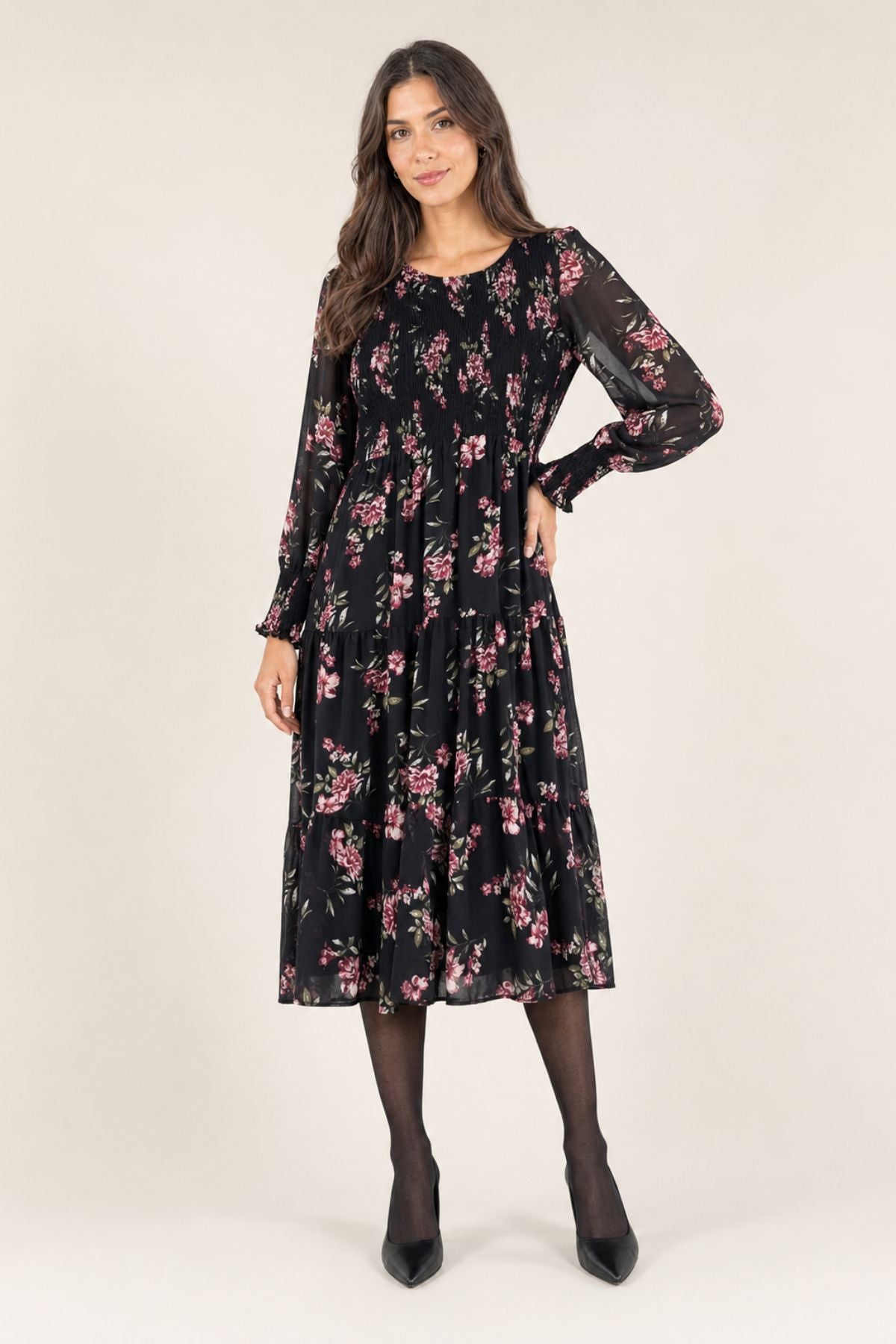 STELLA MORGAN Smock Floral Long Sleeve Dress - Navy Print