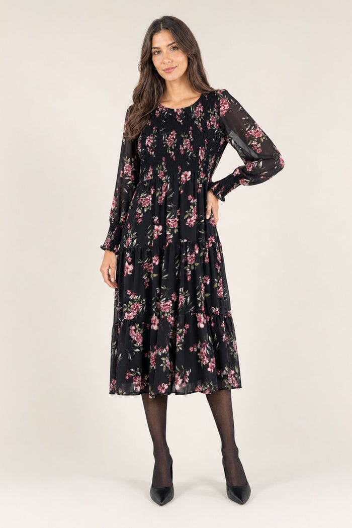STELLA MORGAN Smock Floral Long Sleeve Dress - Navy Print