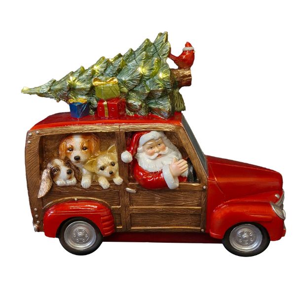 WGP Santa in a Shiny Red Car LED Figurine 33x26cm