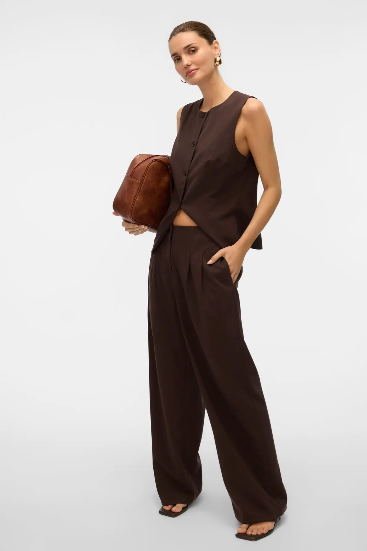 VERO MODA Siga Mid Waist Wide Leg Pants - Brown