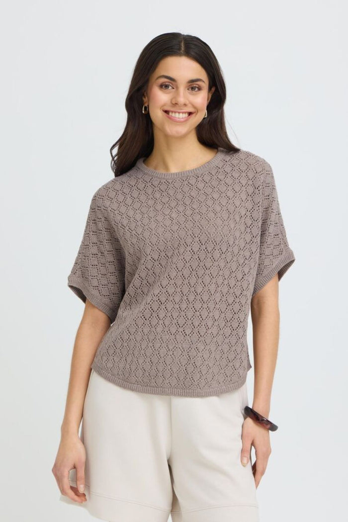 FRANSA Sinja Short Sleeve Knitted Top - Brown