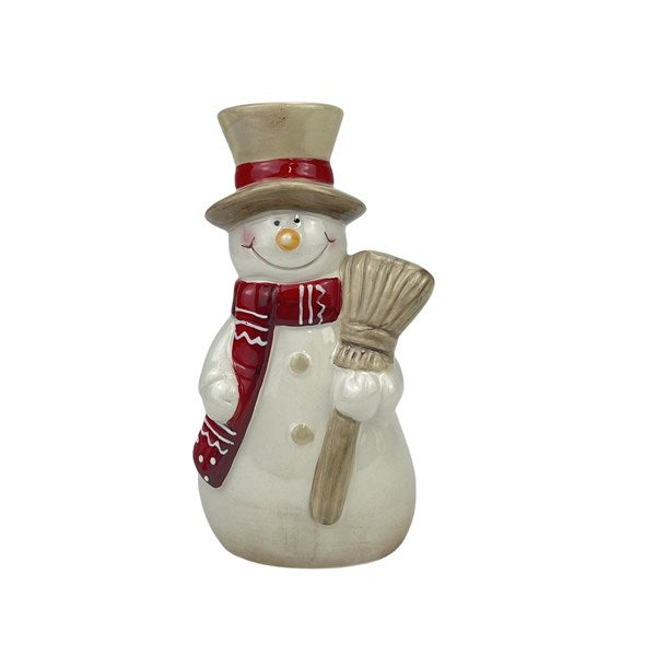 Decorative snowman figurine with a top hat, scarf, and broom on a white background