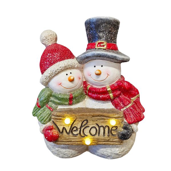 WGP Snowman Pair Holding a LED Welcome Sign 42cm