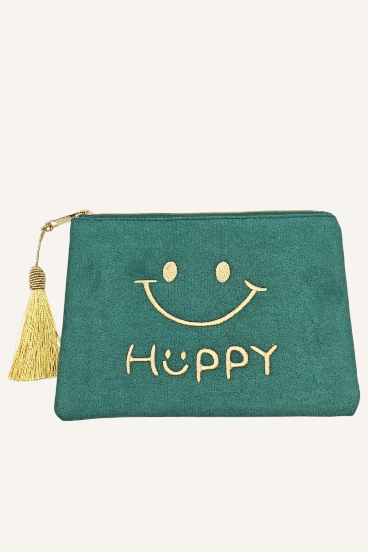 COPE CLOTHING Smiley Face Embroidered Velvet Zip Pouch - Teal