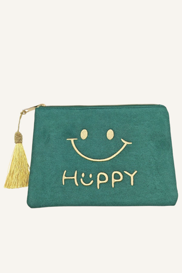 COPE CLOTHING Smiley Face Embroidered Velvet Zip Pouch - Teal