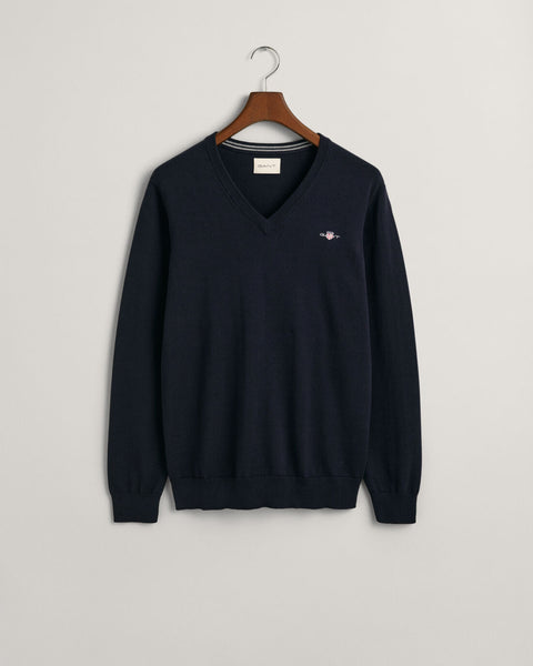 GANT : Classic Cotton V Neck Sweater - Navy