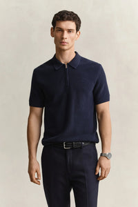 GANT Ribbed Cotton Polo Short Sleeve Sweater - Navy