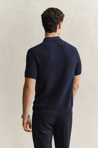 GANT Ribbed Cotton Polo Short Sleeve Sweater - Navy