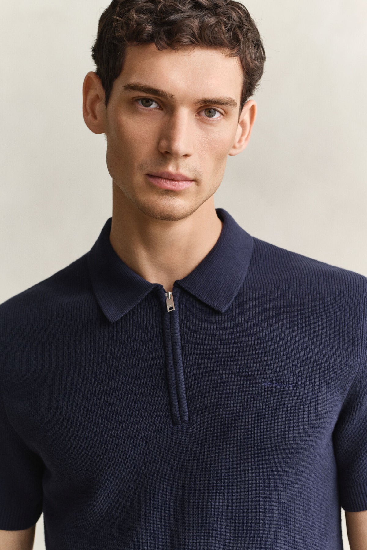 GANT Ribbed Cotton Polo Short Sleeve Sweater - Navy