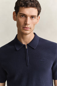 GANT Ribbed Cotton Polo Short Sleeve Sweater - Navy