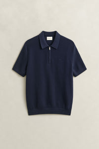 GANT Ribbed Cotton Polo Short Sleeve Sweater - Navy