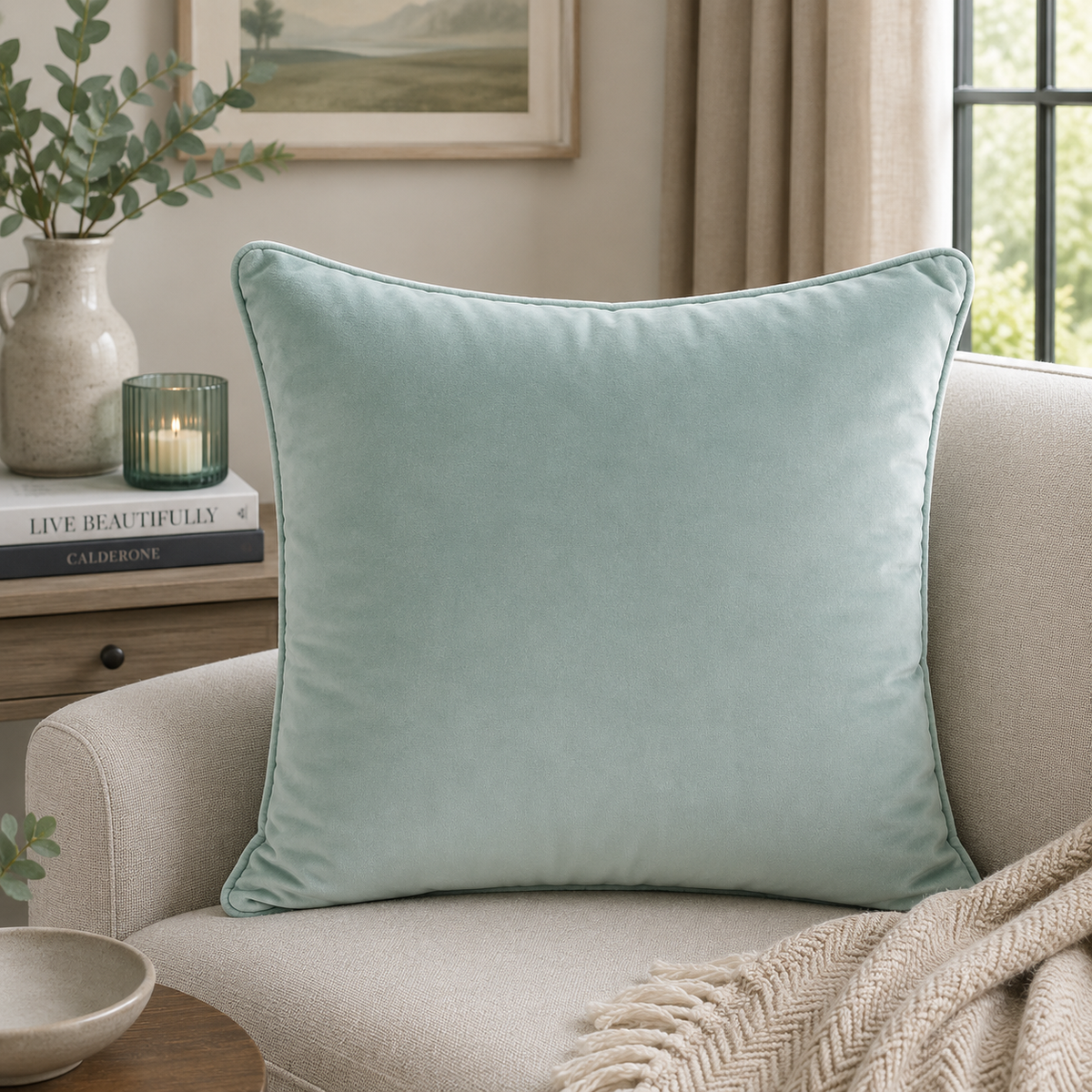 FULLSHIRE Velvet Piped Cushion - Duck Egg 55x55cm
