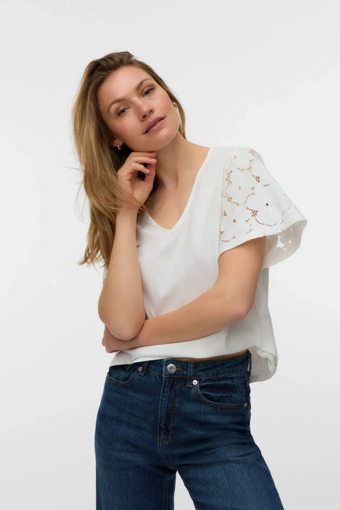 VERO MODA Villa Short Sleeve V-Neck Top - White