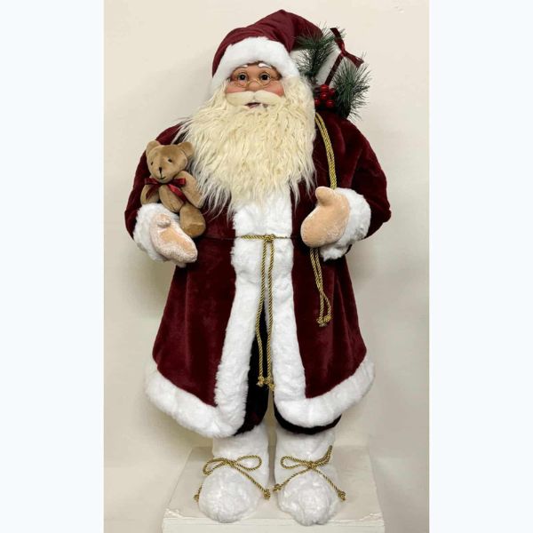 ENCHANTE Winter Time Standing Santa with Teddy Bear & Gift Sack 90cm – Burgundy