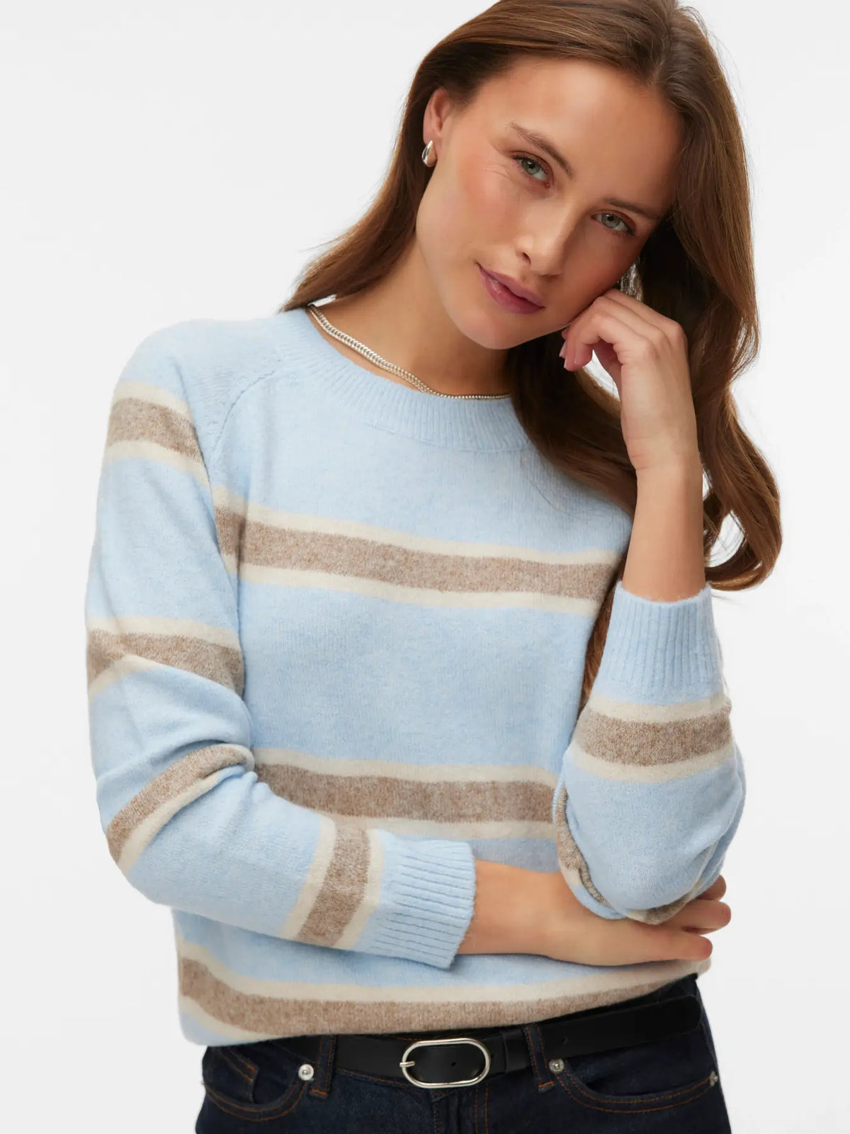 VERO MODA Doffy Round Neck Knitted Pullover - Blue Stripe