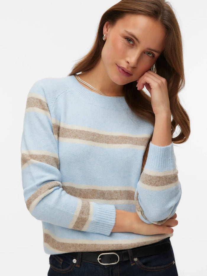 VERO MODA Doffy Round Neck Knitted Pullover - Blue Stripe