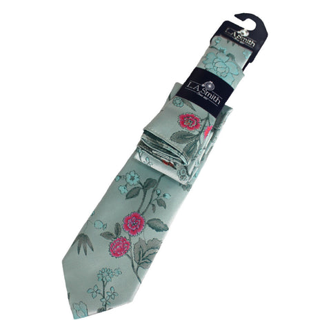 L.A. SMITH : Pale Blue Tie with Purple Floral Design & Matching handkerchief
