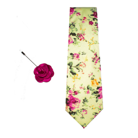 L.A. SMITH : Pale Yellow Tie with floral pattern & Lapel Pin